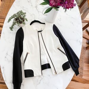 Trina Turk Black and White Moto Blazer Jacket 0